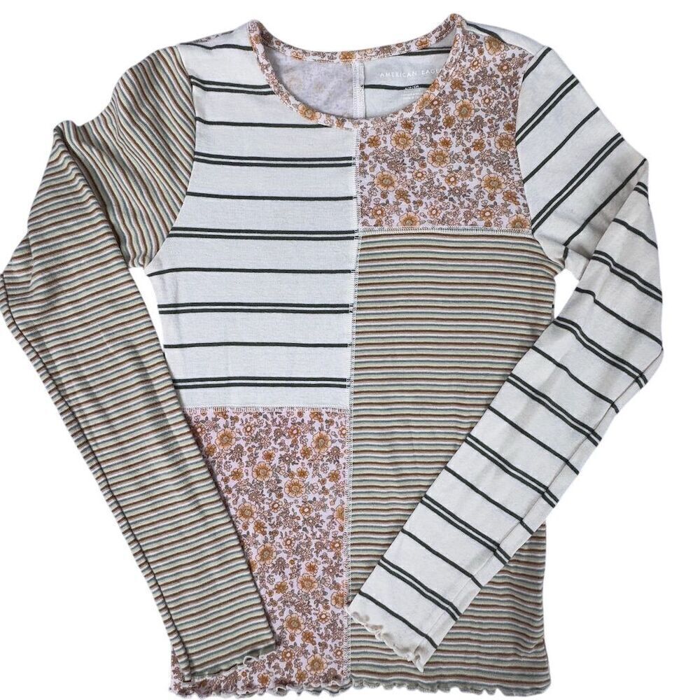 American Eagle Women's Patchwork Striped Long Sleeve Top Size S